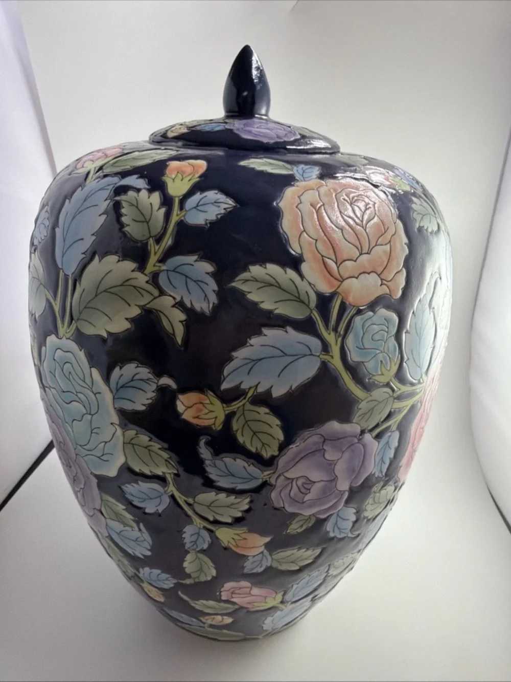 Vintage Chinese Ginger Jar with Lid Chinoiserie Flowers Large 12”